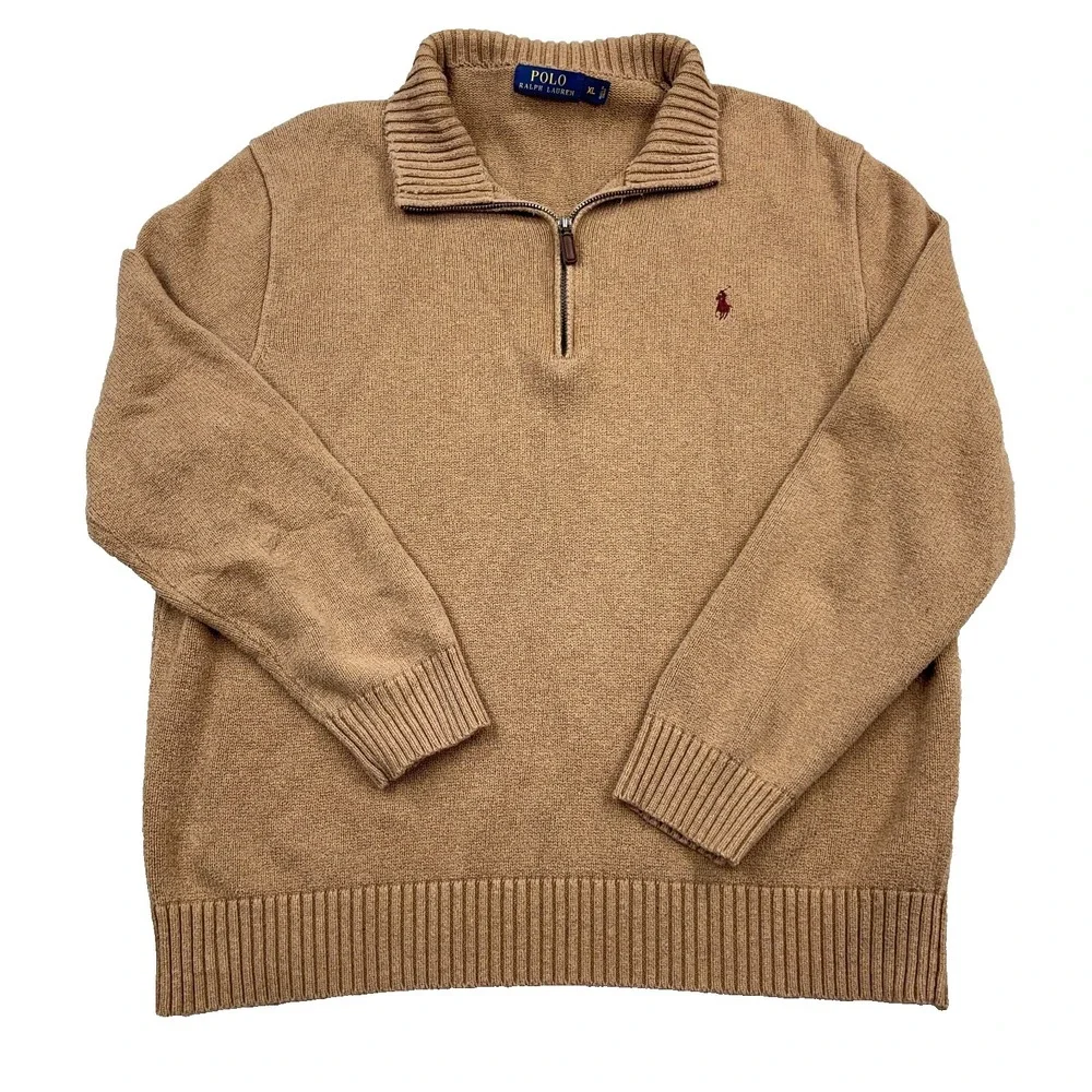 Polo Ralph Lauren Sweater Men XL Brown Pullover Heavy Knit Quarter Zip Ribbed